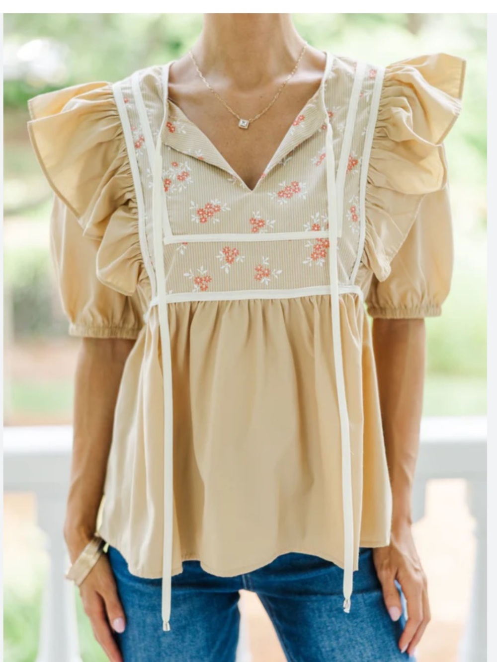 New Boho Taupe Embroidered Floral Ruffle Puff-Sleeve Blouse